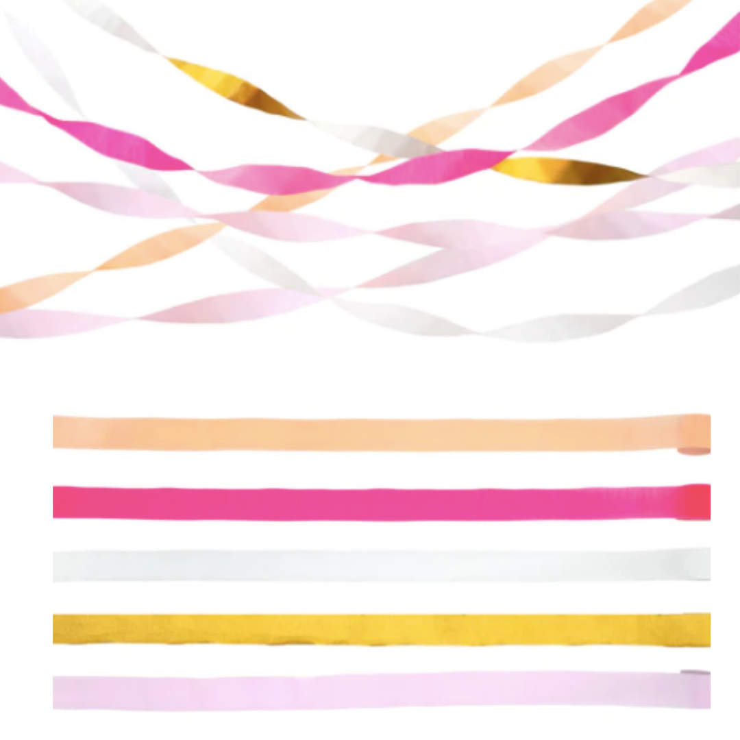 Pink Crepe Paper Streamers, Set of 5 Rolls of Pretty Pink and Gold Streamers  by Meri Meri, Each Roll is 33