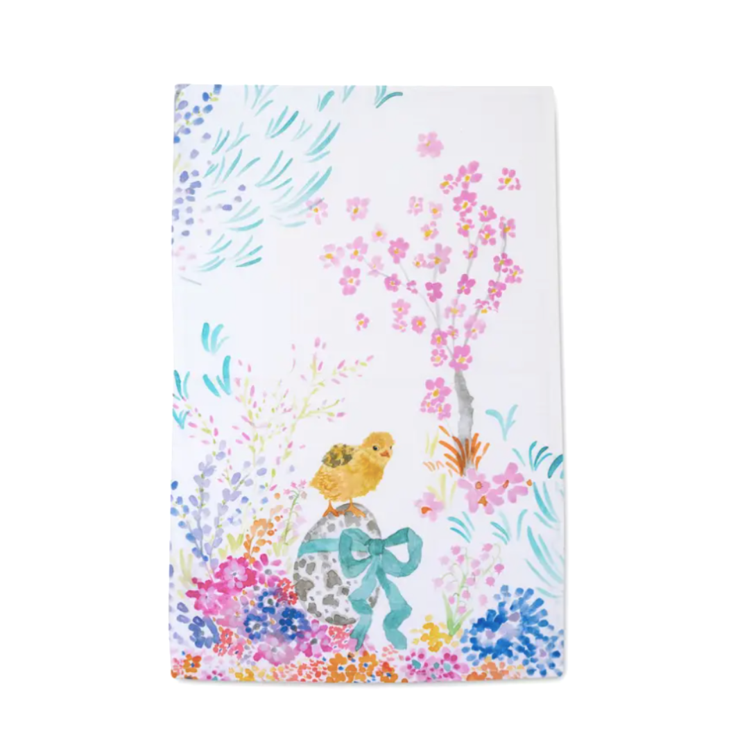 Easter Chick with Flowers Dishtowel